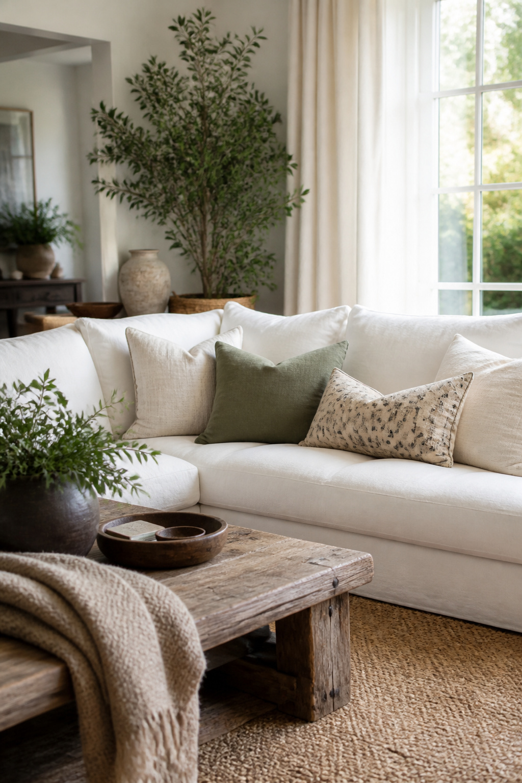 A white sofa with inviting down-filled cushions in a sunny room.