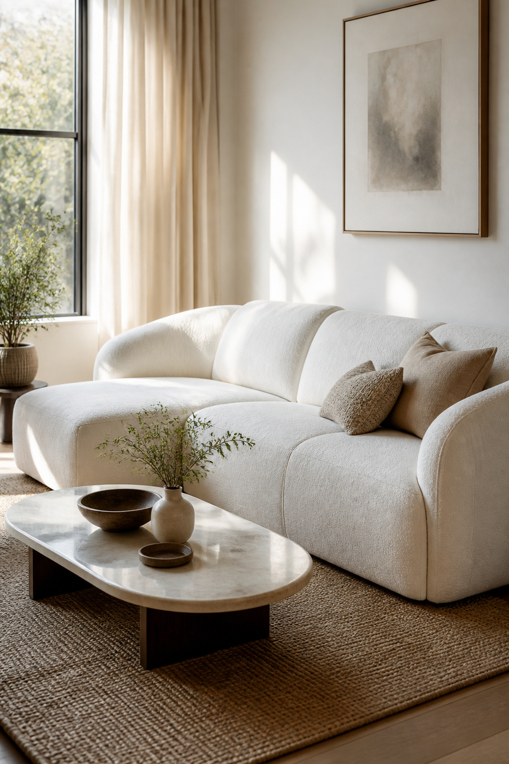 A white sofa with sinuous springs in a comfortable living area.
