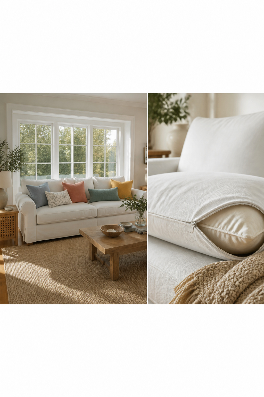 A white sofa with zippable cushion covers in a modern setting.