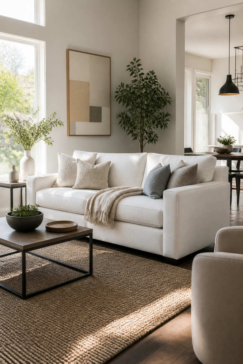 A white sofa made from stain-resistant fabric in a bright room.