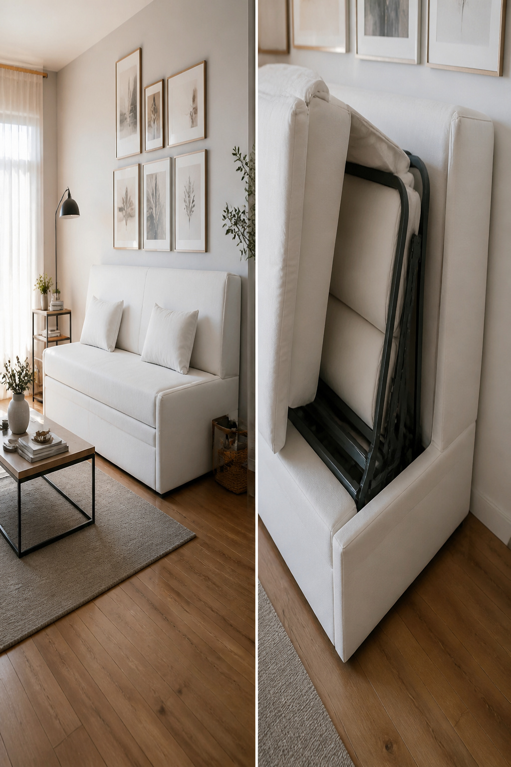 A white sofa bed that converts to a queen mattress.