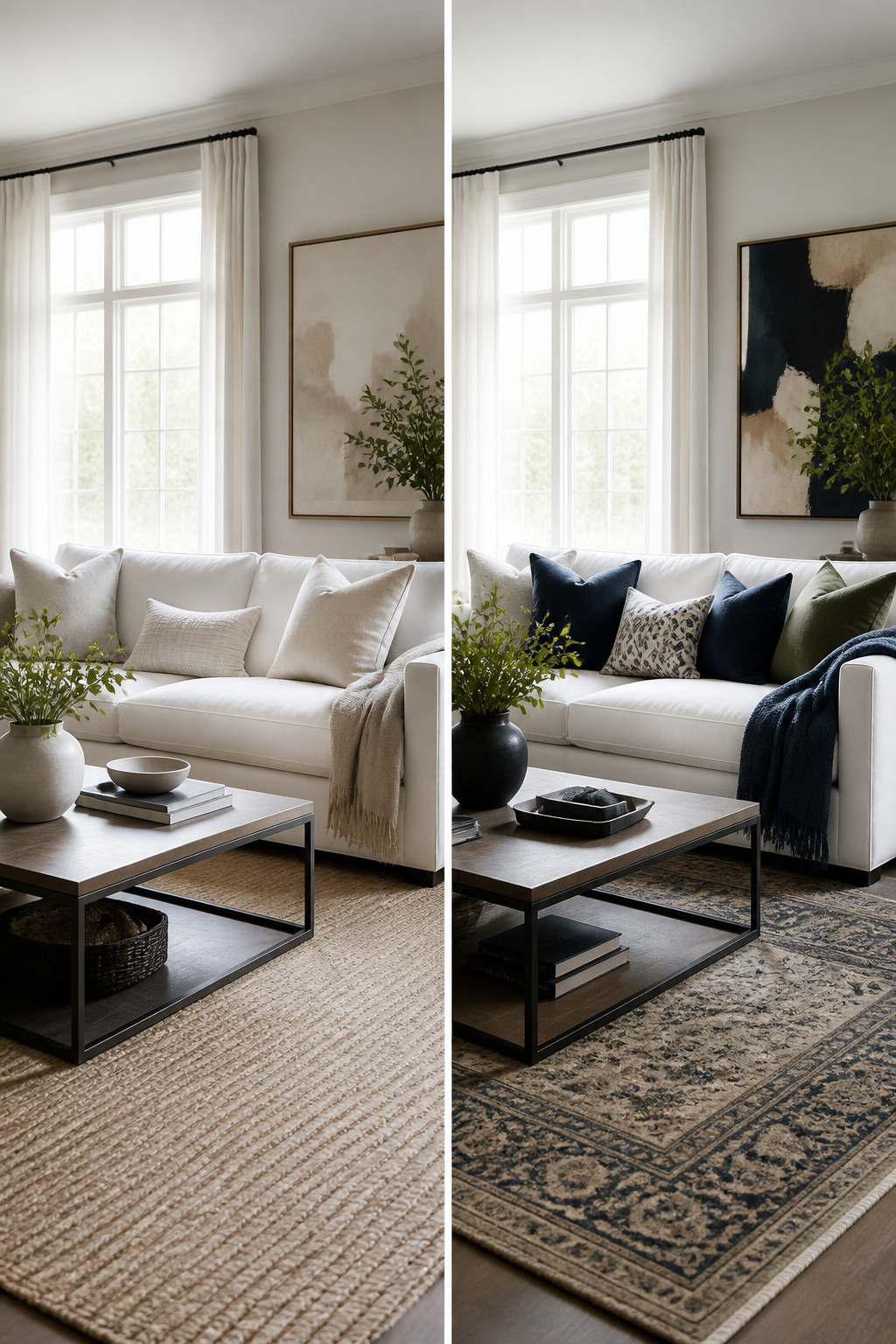 A white sofa in a room with various decor elements.