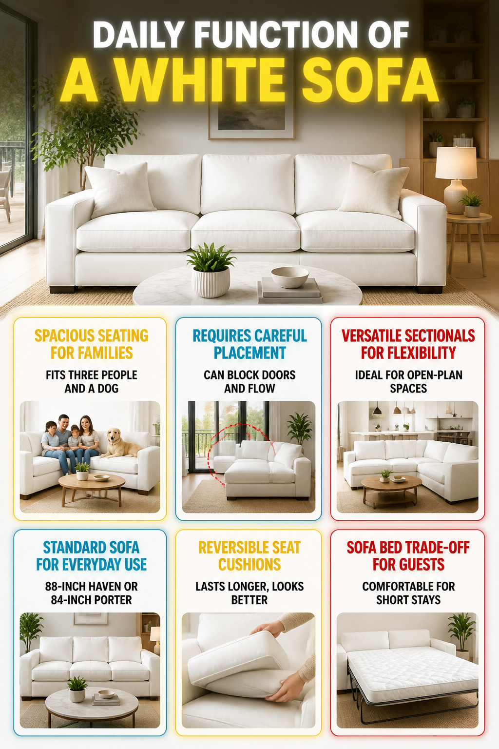 A white sofa in a family living room with everyday use.