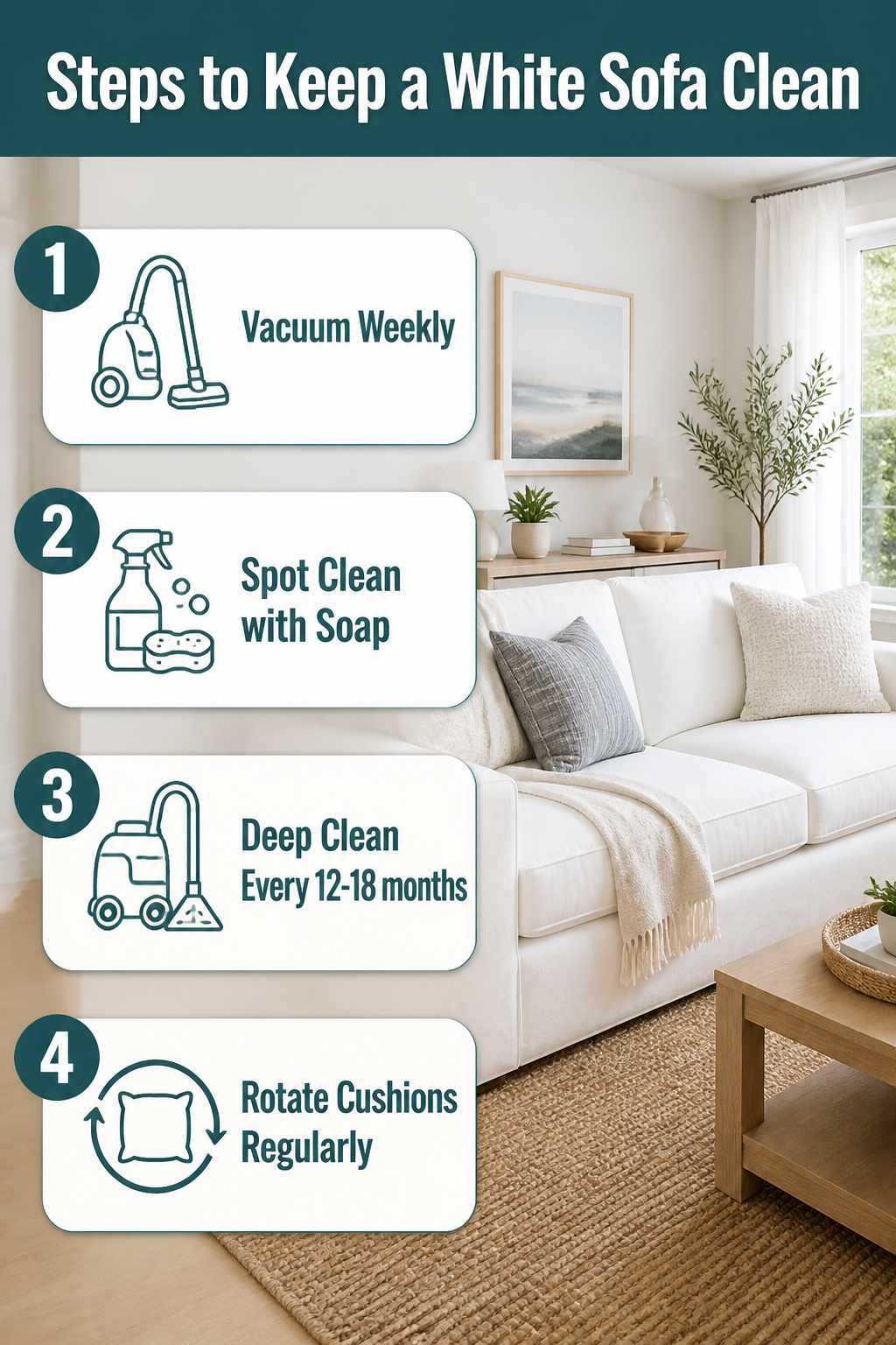 Steps for maintaining a white sofa's cleanliness.