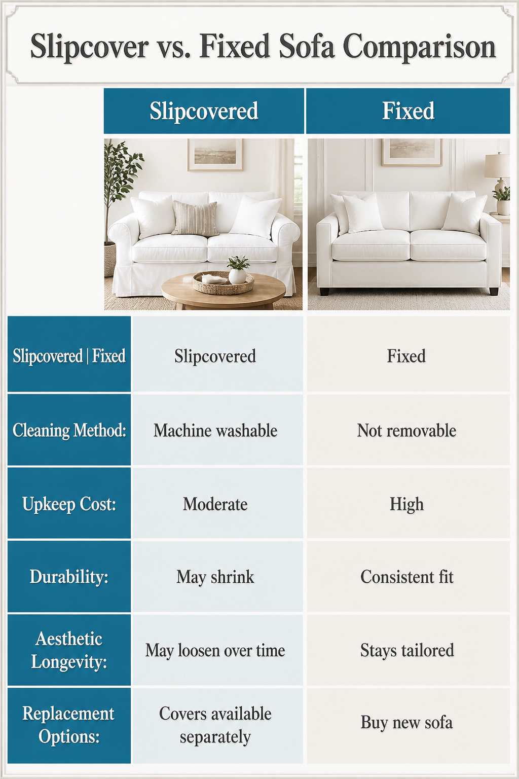 Comparison of slipcovered versus fixed sofas.