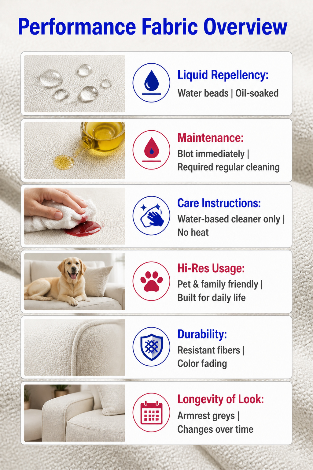 Overview of performance fabric features for white sofas.