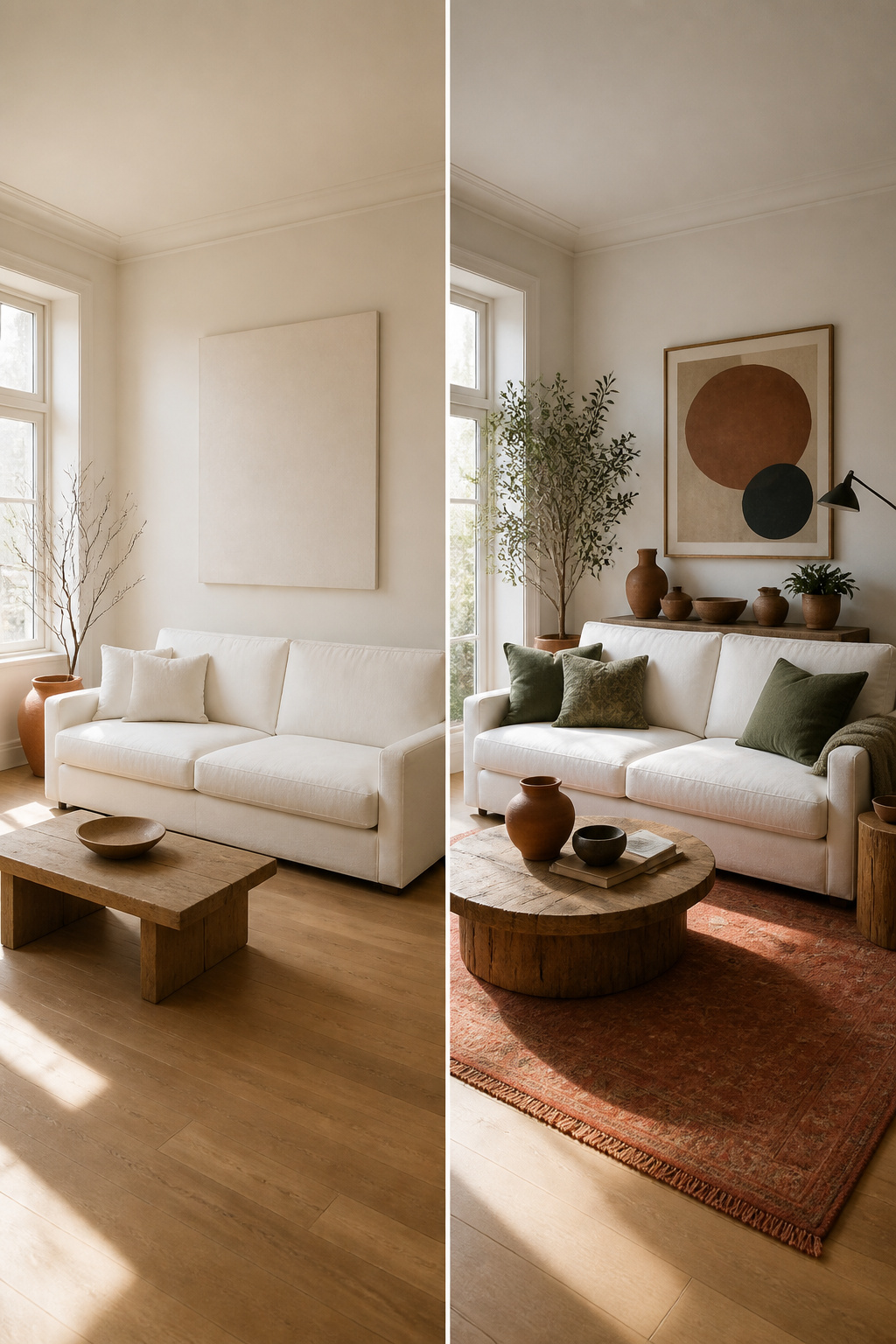 Decor elements surrounding a white sofa in a living area.