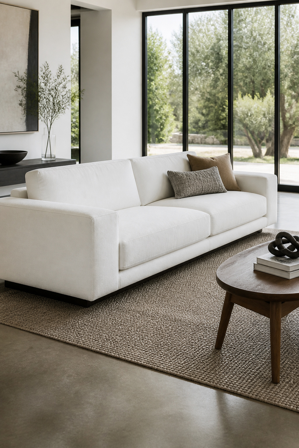 A low-profile white modern sofa with clean lines.