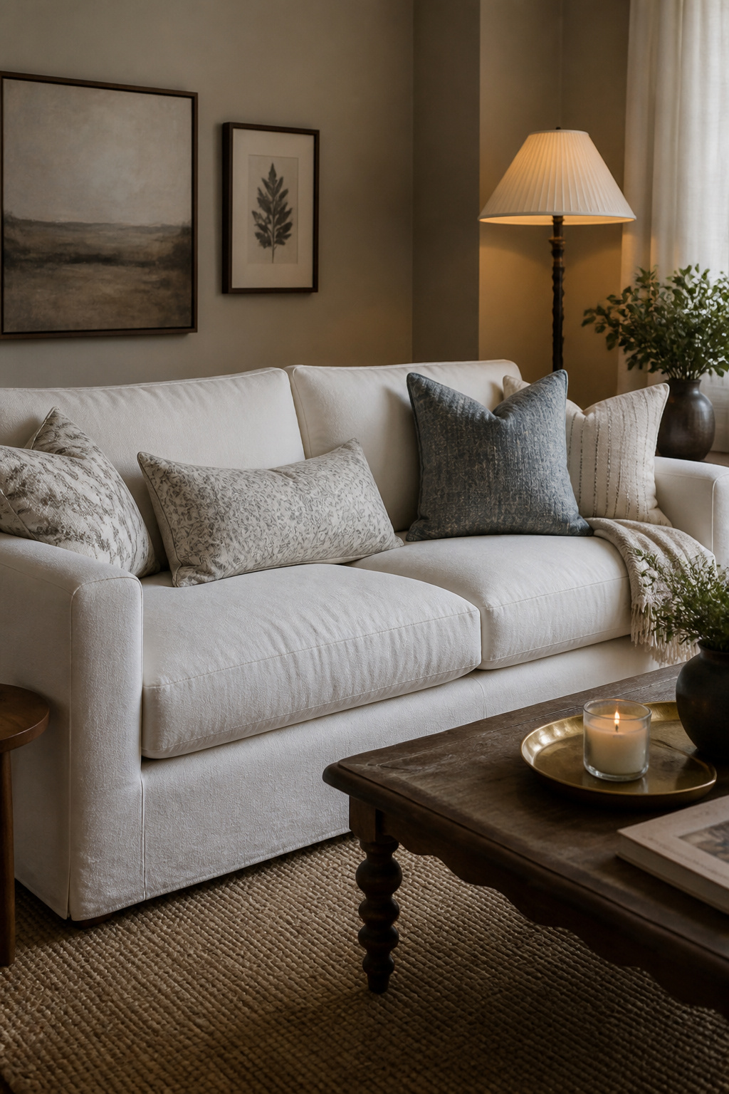 A white velvet sofa with decorative pillows in a warm setting.