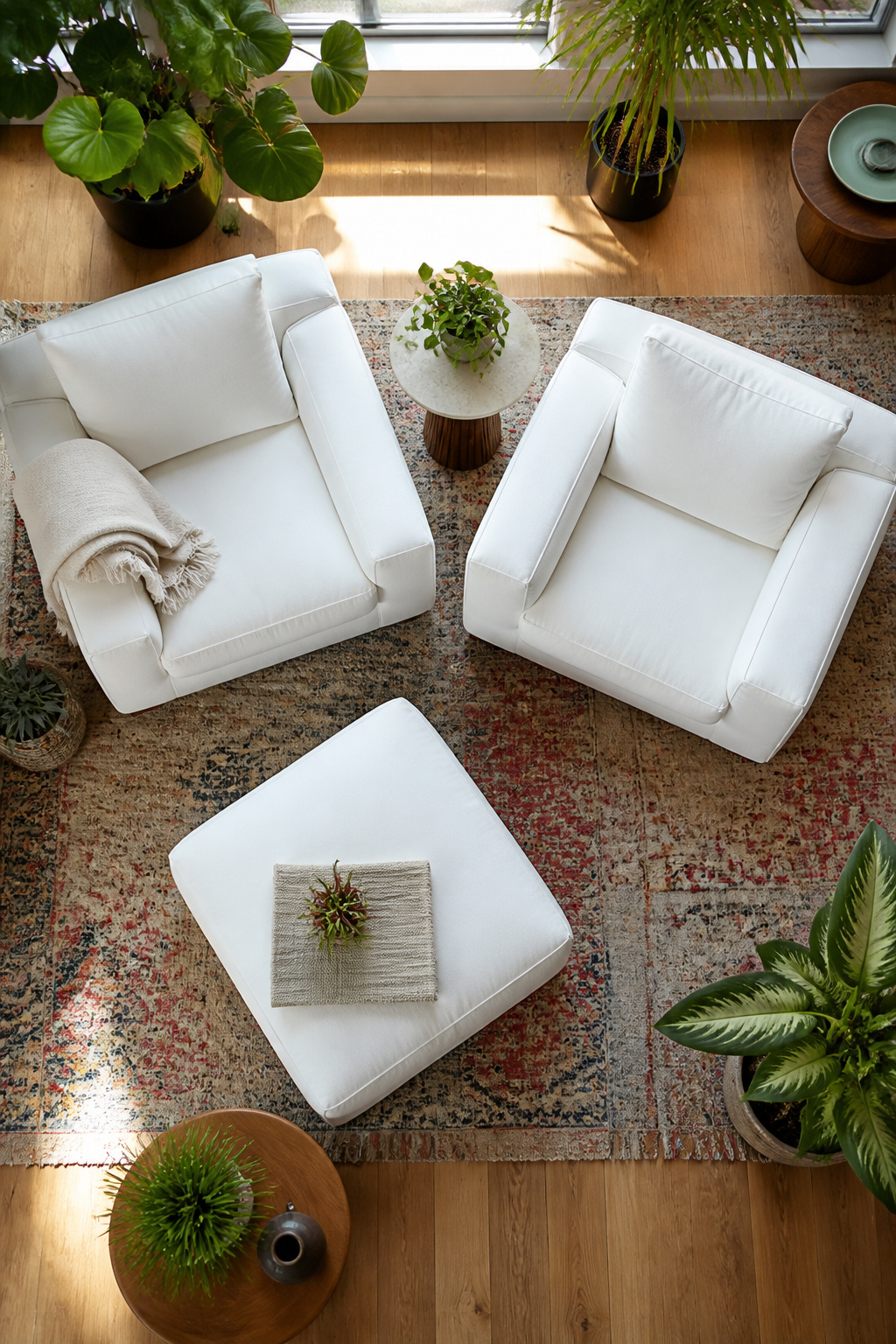 A modular white couch arranged in a modern living room.