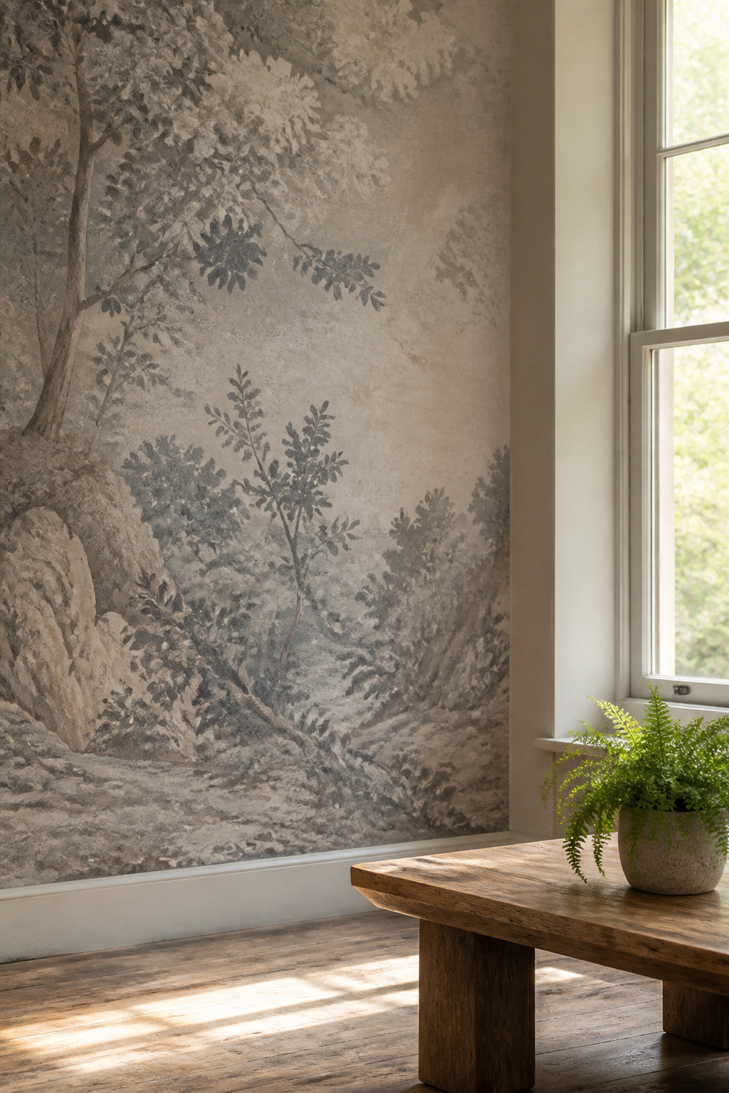 Detailed view of grisaille mural wallpaper with gray tones.