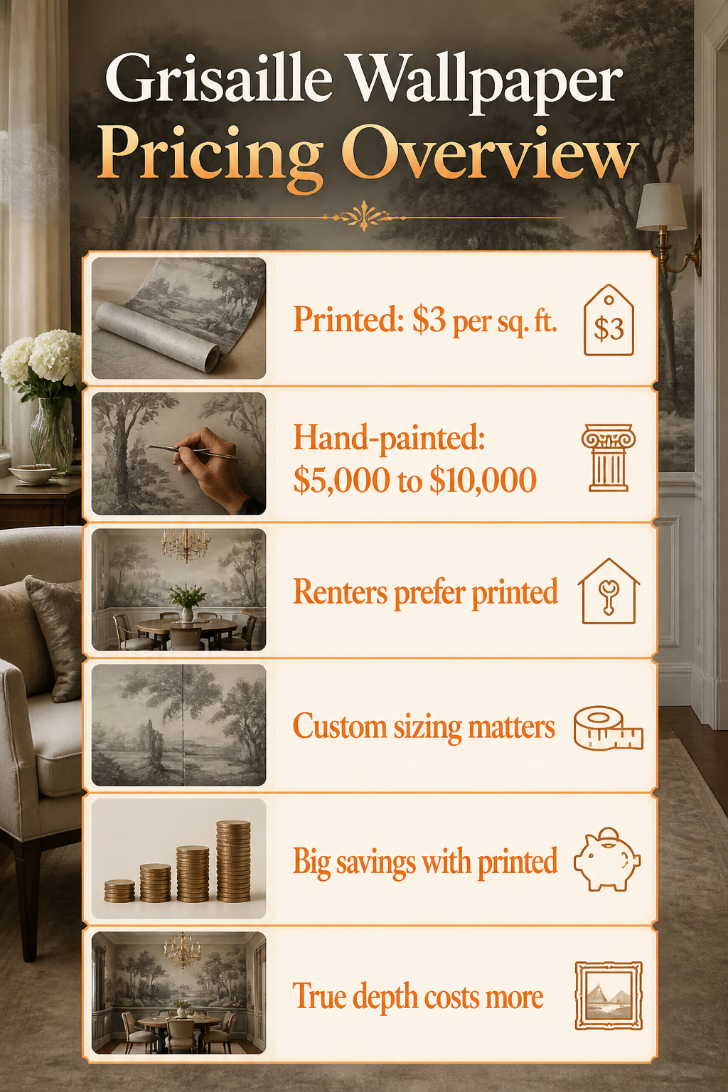 Cost comparison for grisaille wallpaper options.
