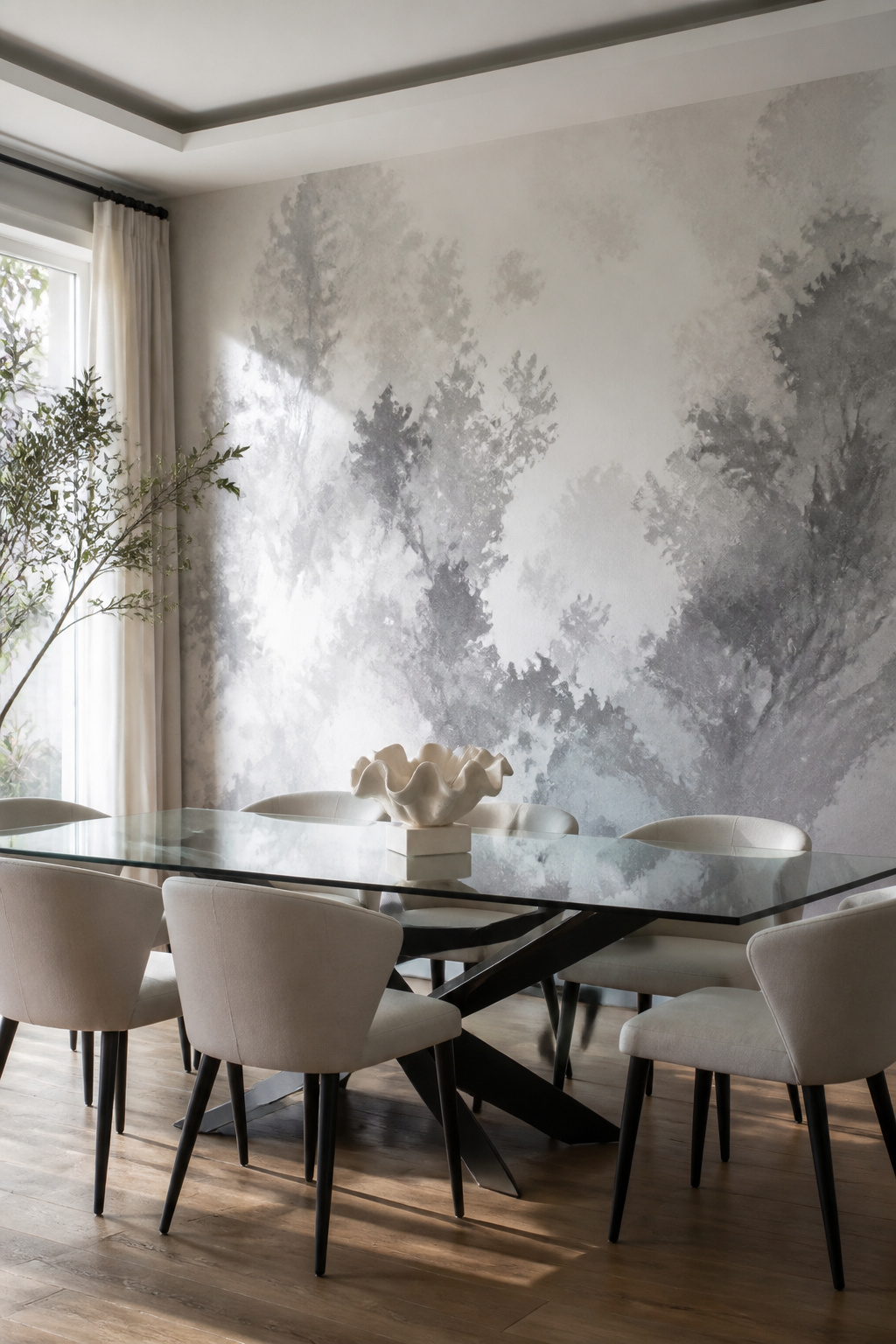 Dining area featuring an abstract gray mural on the wall.