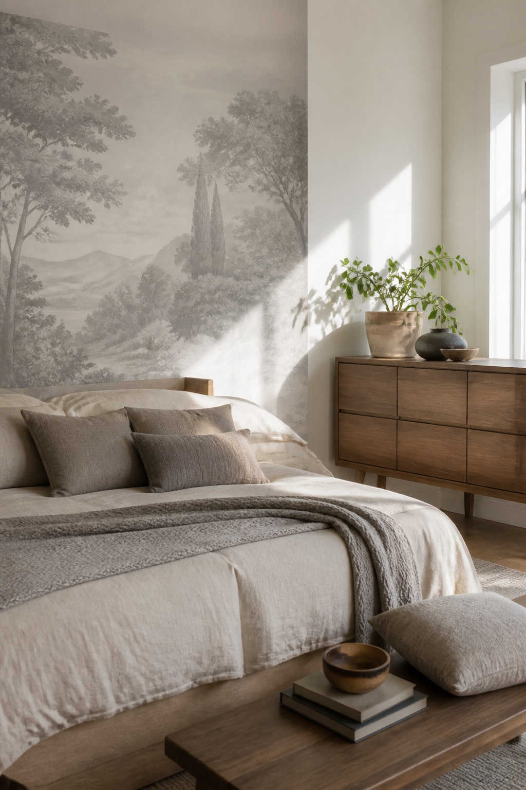 Bedroom with a grisaille mural and soft bedding.