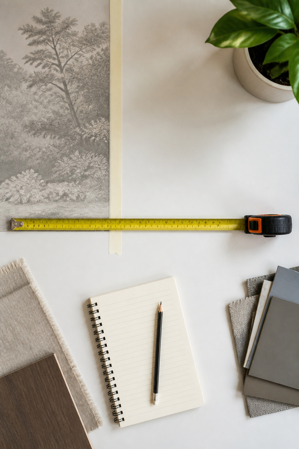 Tools and materials laid out for measuring a wall.
