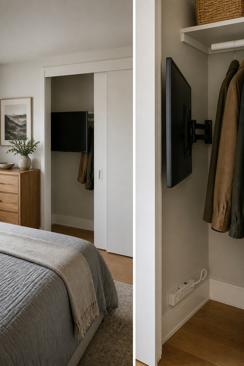 10 Ways to Hide a TV in Any Room, Plus What Actually Works 7 A closet with sliding doors hiding a mounted TV inside.