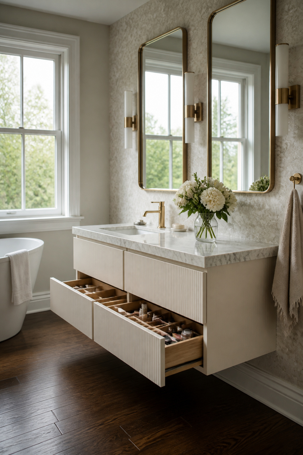 10 IKEA Hacks by Product Line: BILLY to MALM (2026) 9 GODMORGON vanity with marble surface and custom drawer inserts.