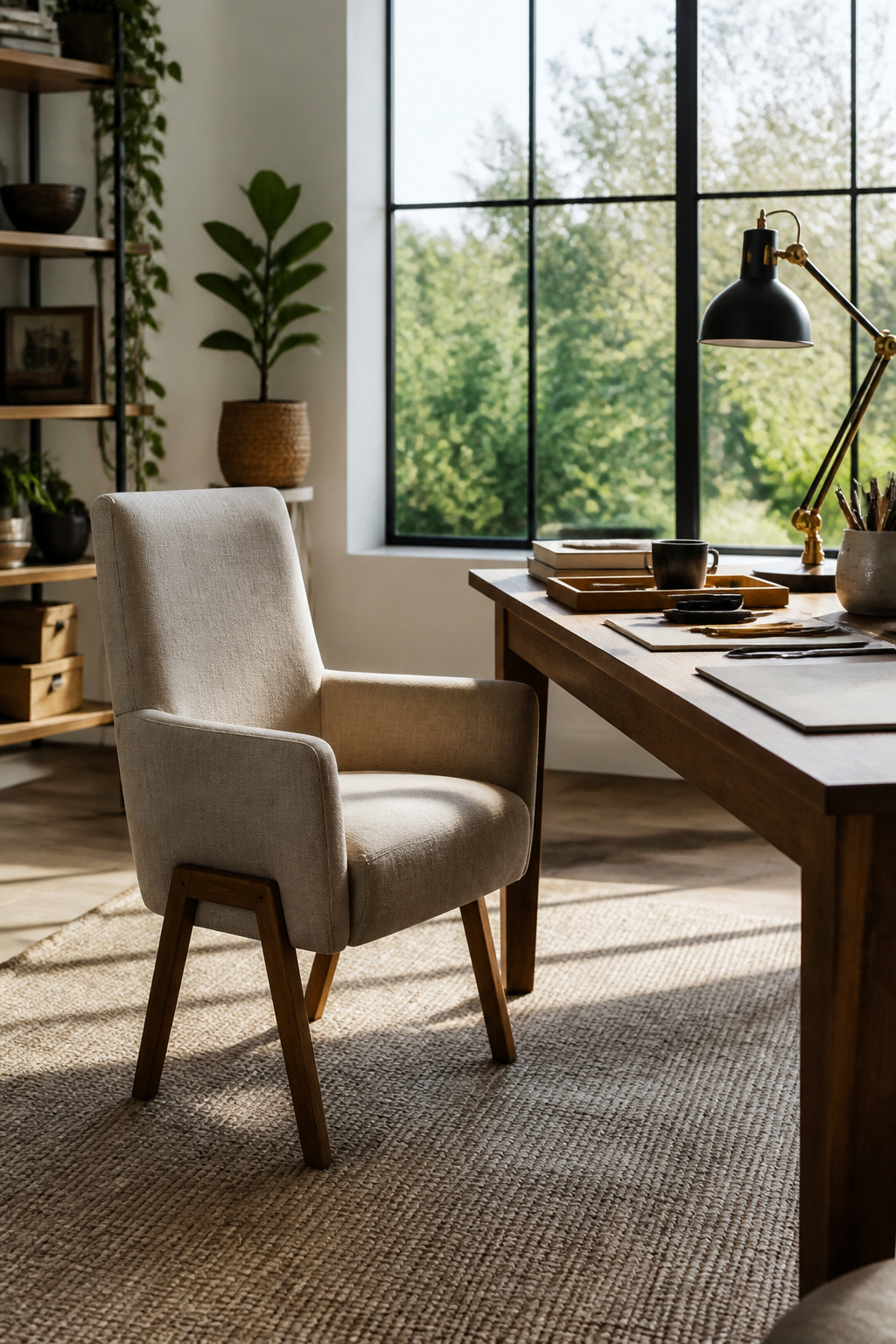 A performance linen chair set at a modern desk in an office.