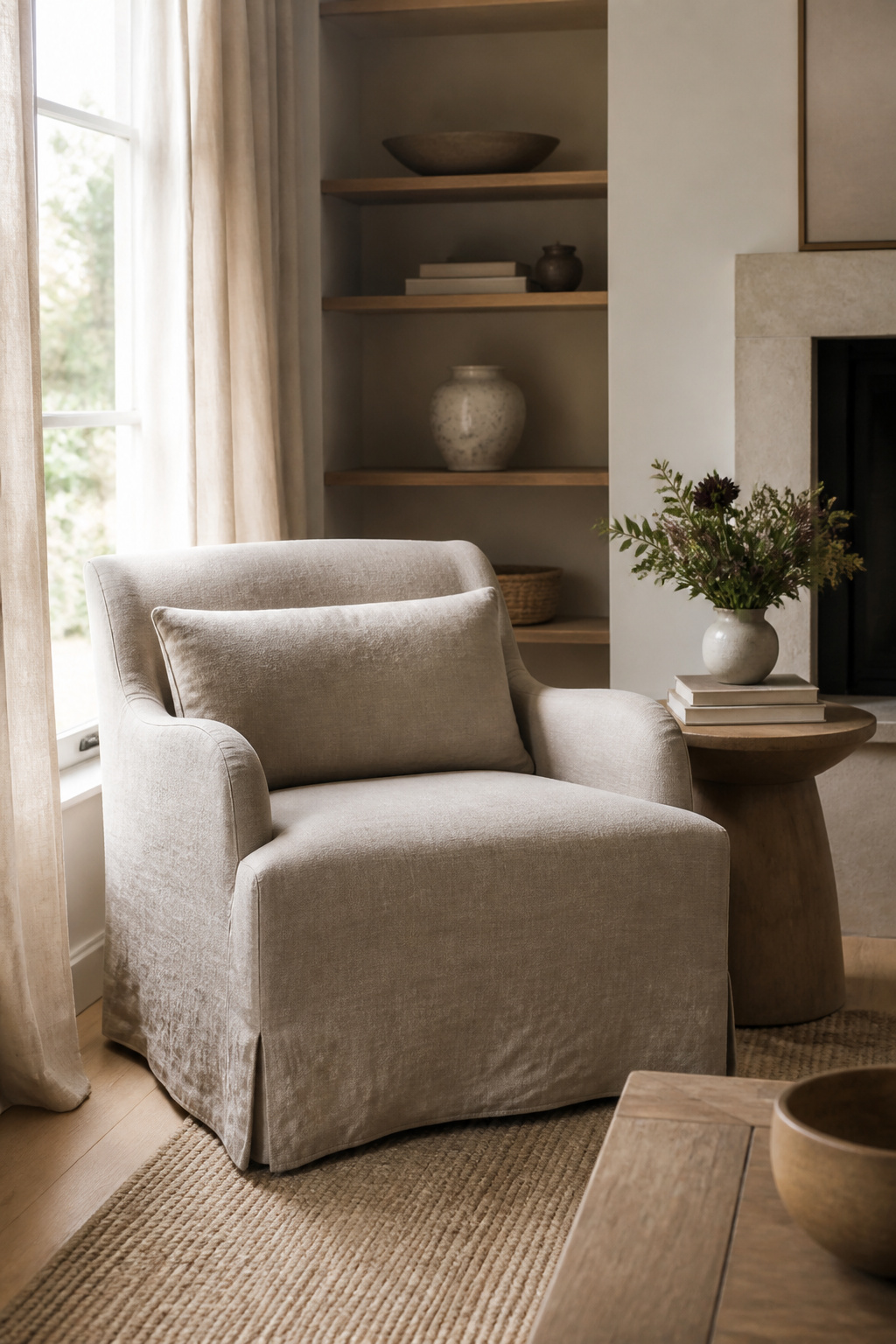 A single linen accent chair next to a side table with books and flowers.