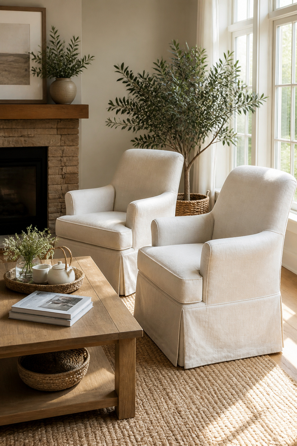 Two cream linen slipcovered chairs in a sunlit family room.