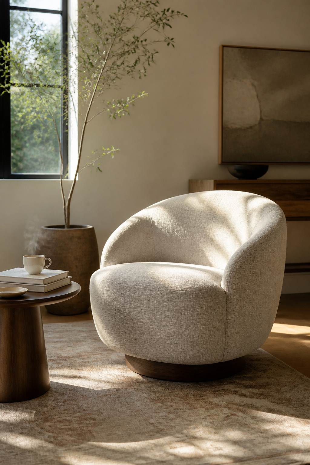 A swivel linen chair in a reading corner with a side table and coffee.