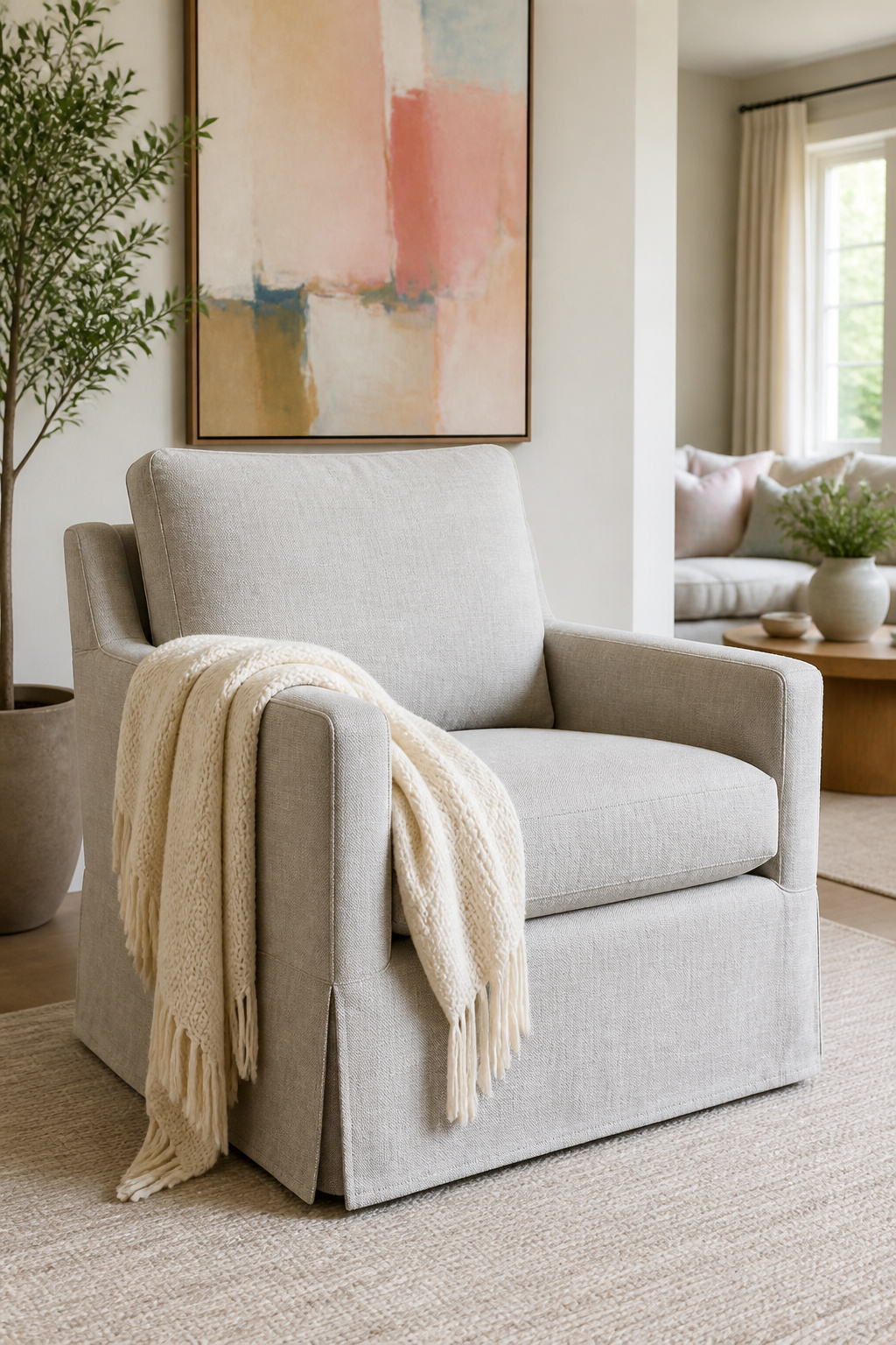 A simple linen armchair with a slipcover in a modern setting.