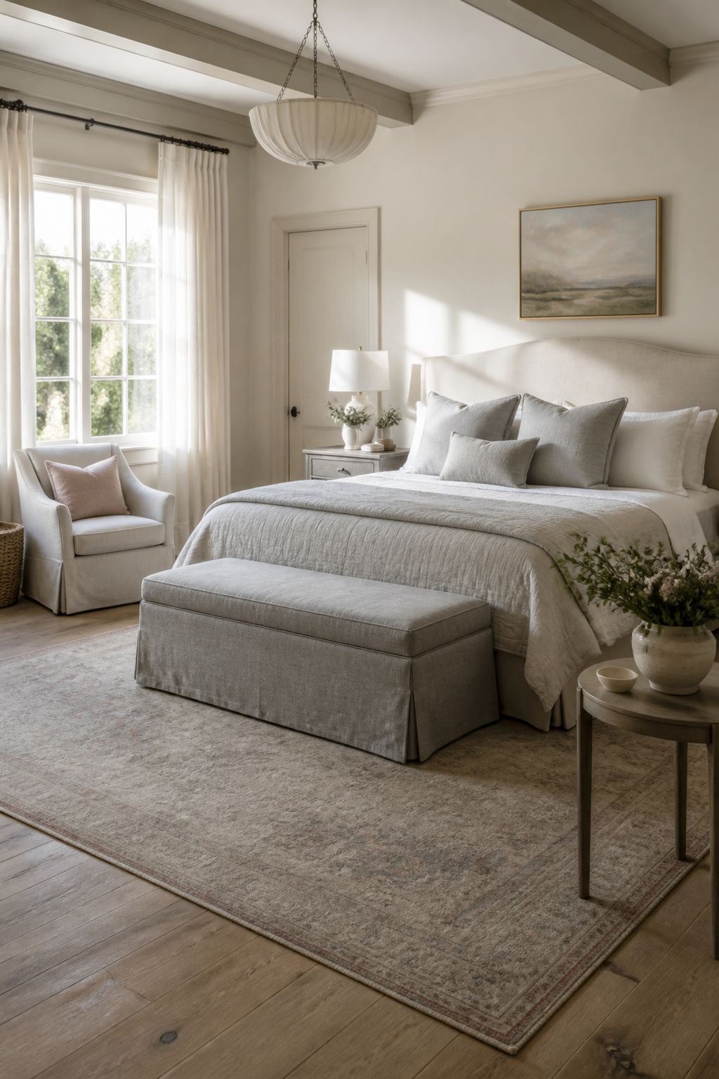 A linen bench placed at the foot of a bed in a bedroom.