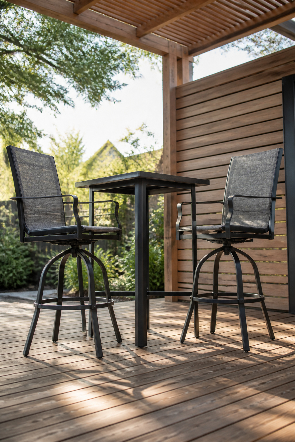 Phi Villa bar stool set with a high table and two swivel chairs.