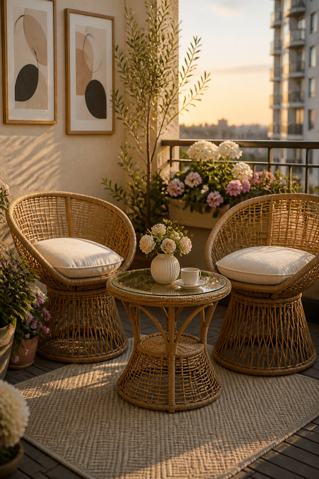 Porwey wicker bistro set with round-back chairs and a low-profile table.