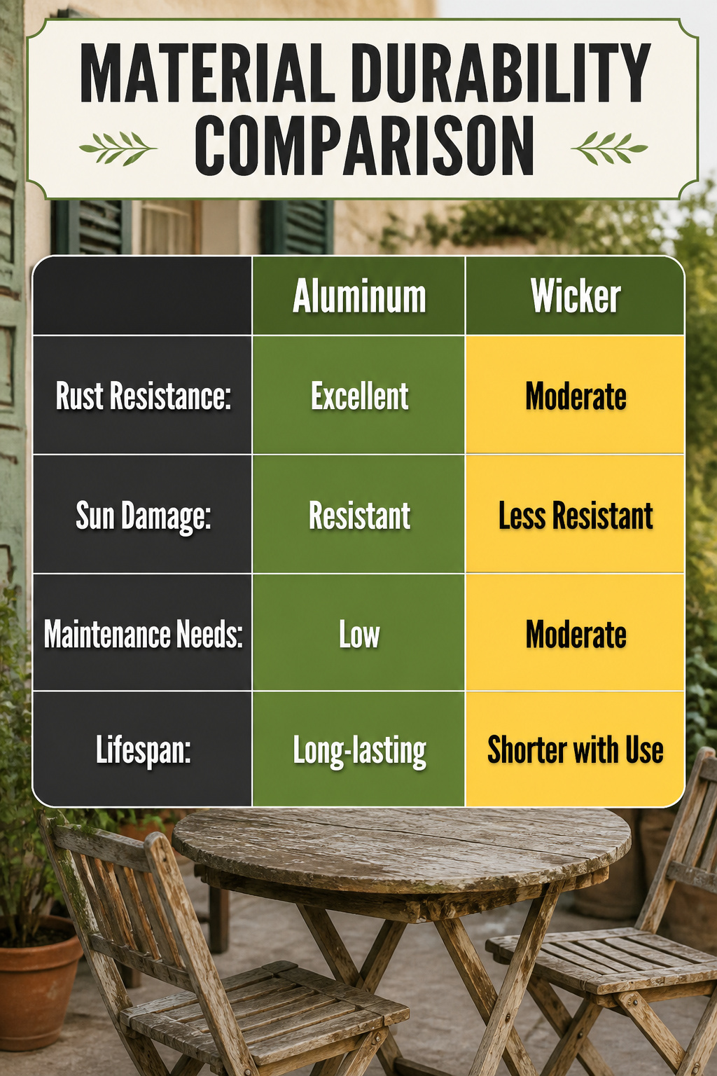 Comparison chart of material durability for outdoor furniture.