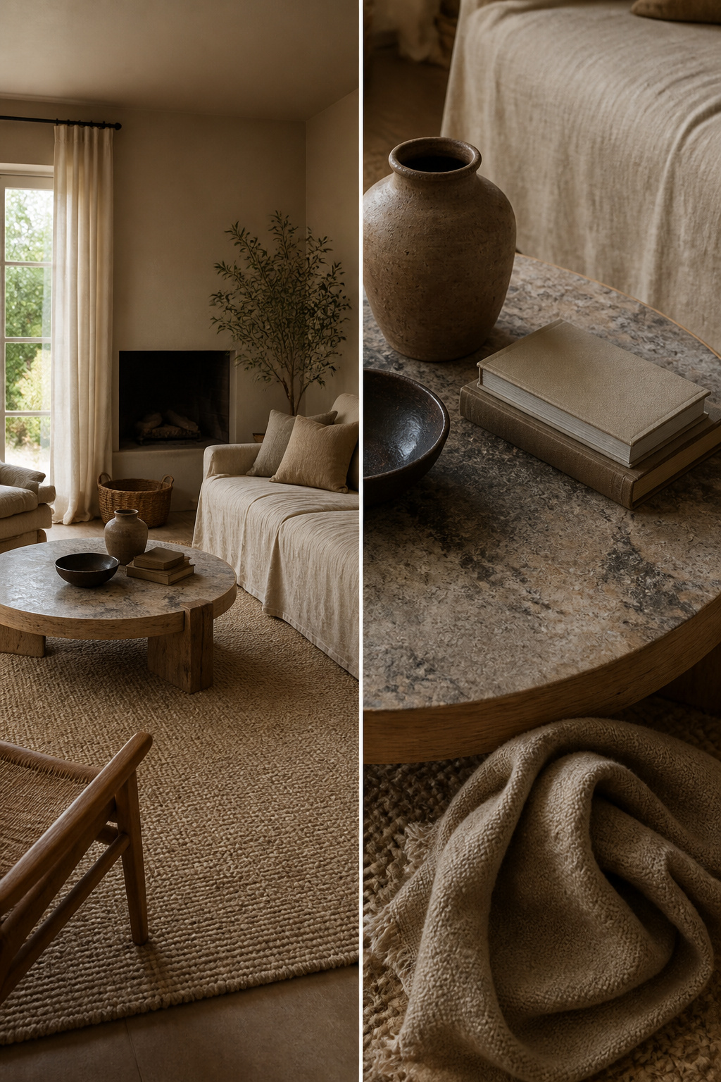A neutral living room showcasing a variety of textures for visual interest.