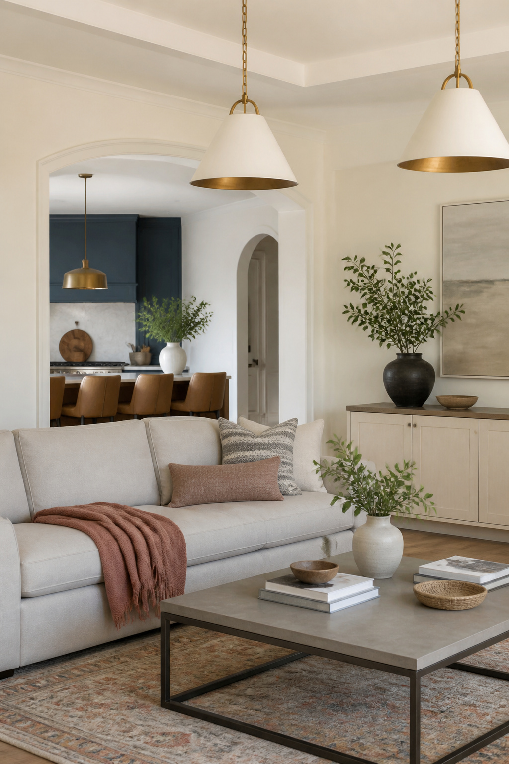 A living room showcasing creamy walls and a blue accent wall.