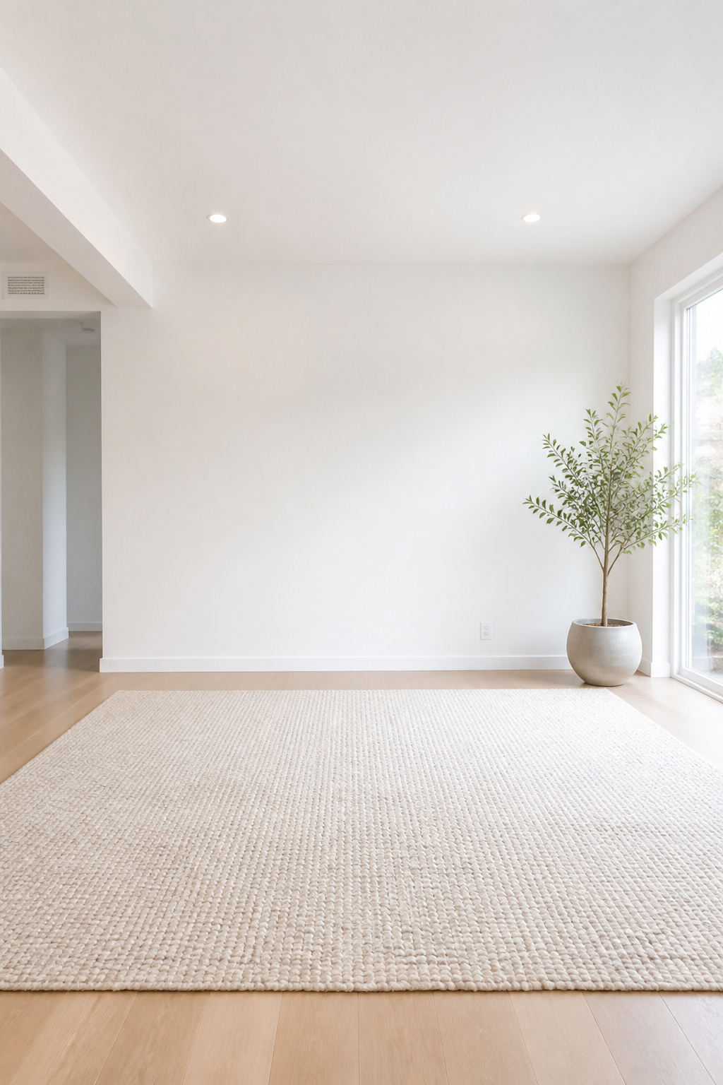 A living room featuring true white walls and a woven rug.