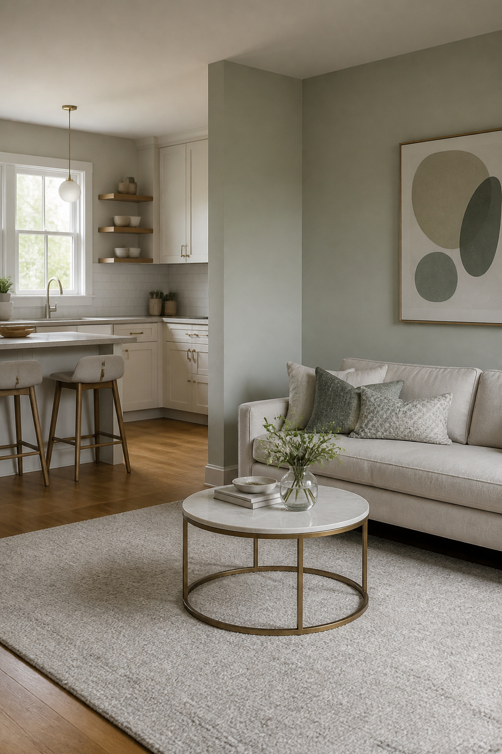 A living room featuring silvery green walls and honey oak flooring.