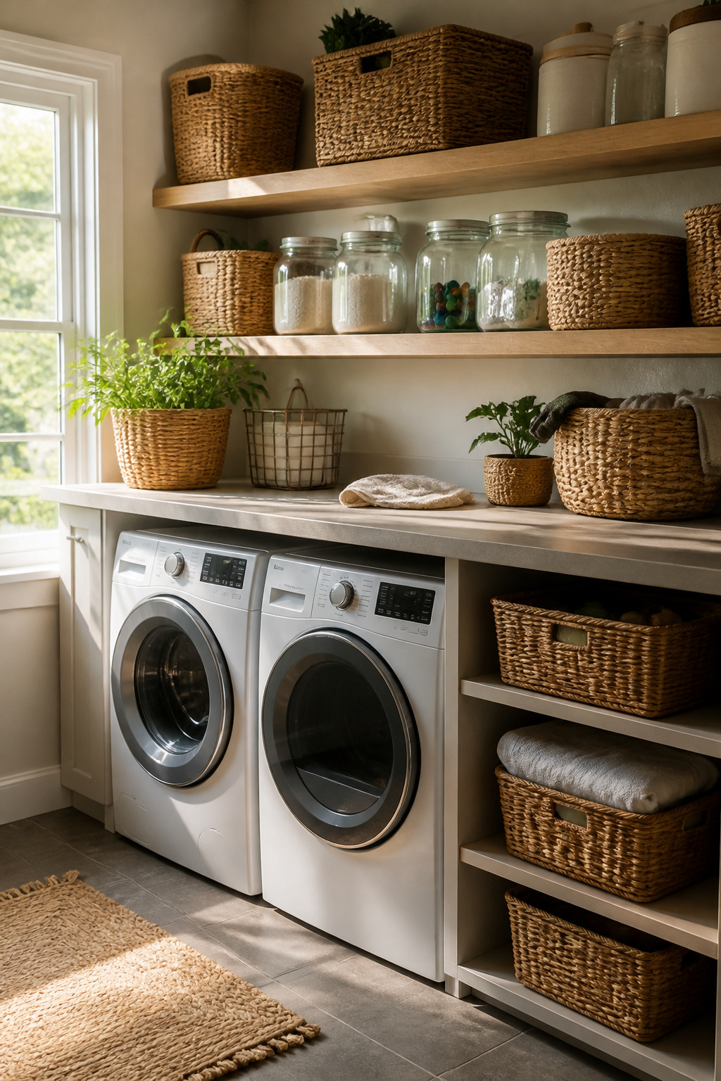 15 Pretty Laundry Room Ideas for Inspired Design 1 Laundry room with open shelving displaying baskets and jars for storage.
