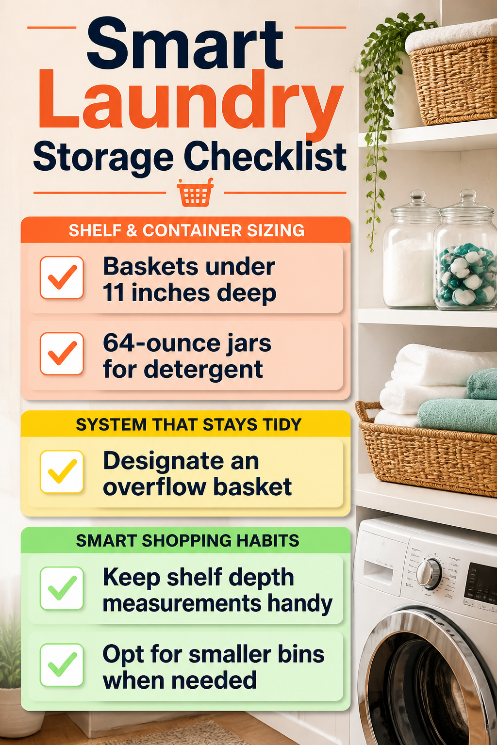 15 Pretty Laundry Room Ideas for Inspired Design 16 Storage checklist for organizing laundry room supplies.