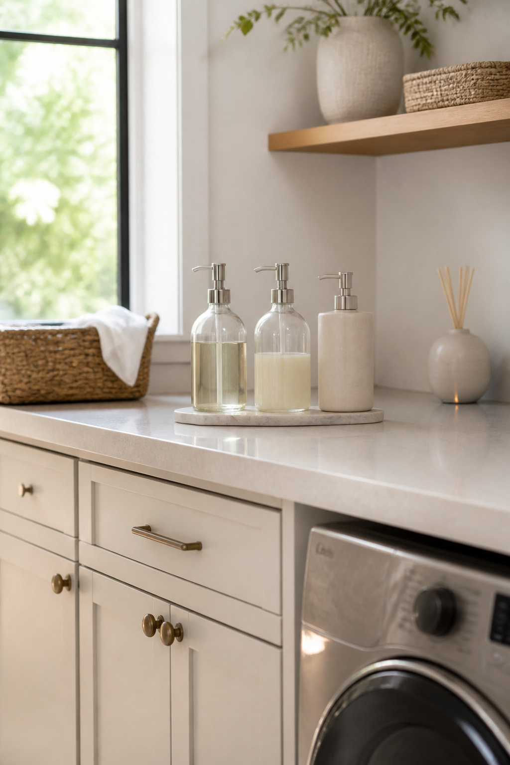15 Pretty Laundry Room Ideas for Inspired Design 2 Countertop with glass and ceramic containers holding laundry detergent and softener.