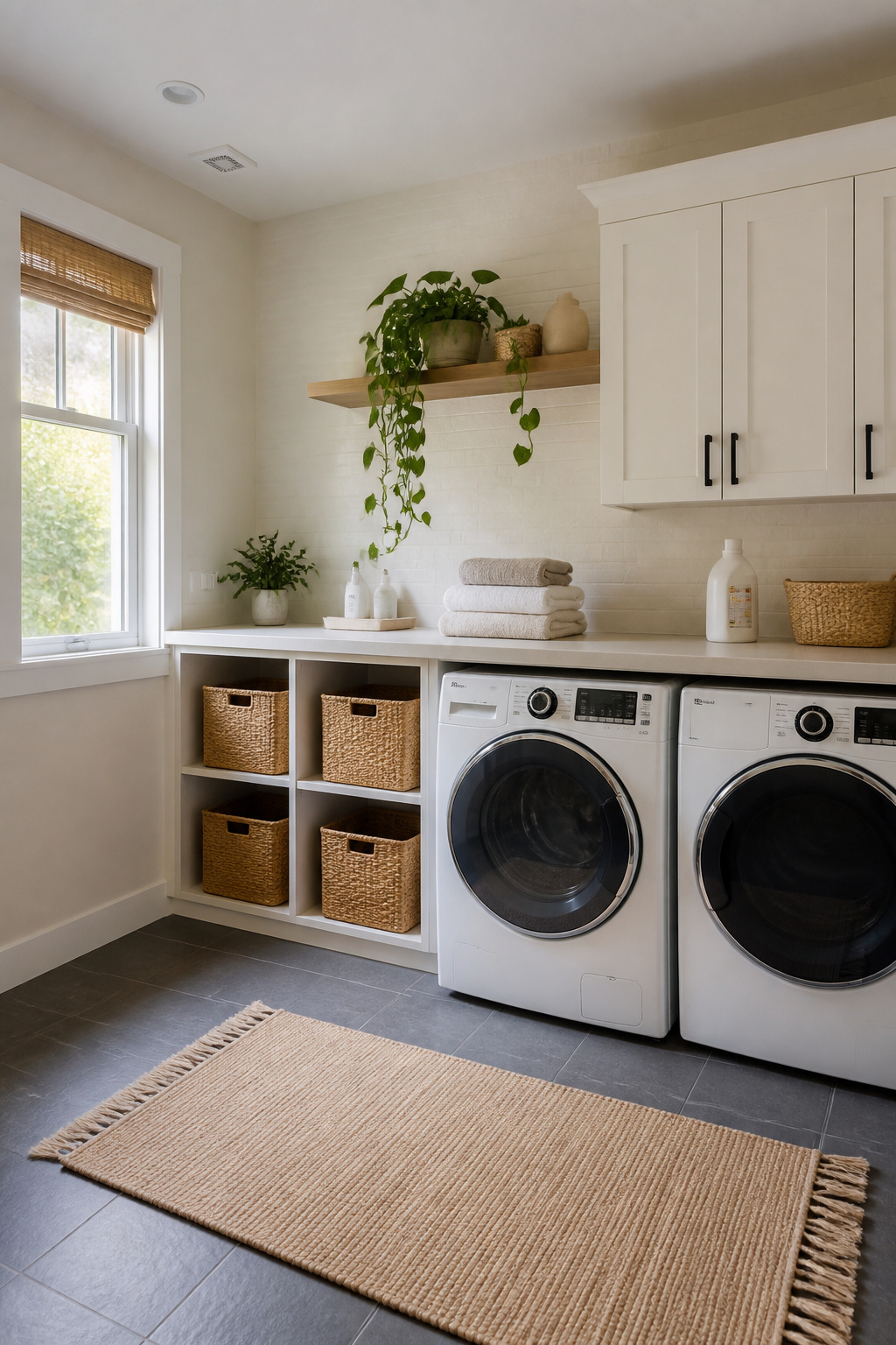 15 Pretty Laundry Room Ideas for Inspired Design 3 Laundry room with a potted trailing vine on a shelf.