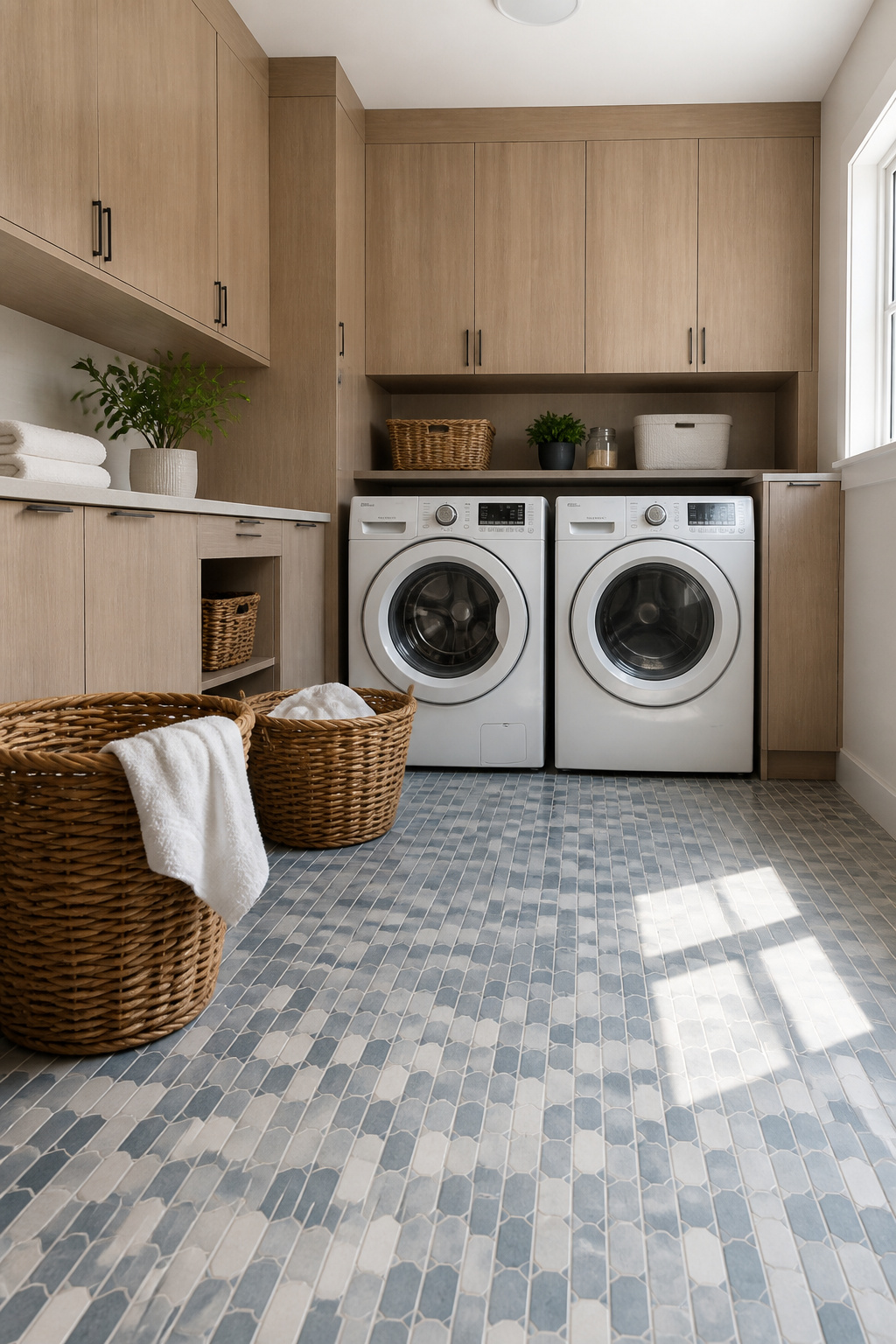 15 Pretty Laundry Room Ideas for Inspired Design 9 Laundry room floor featuring Alato Beachwalk porcelain mosaic tiles.