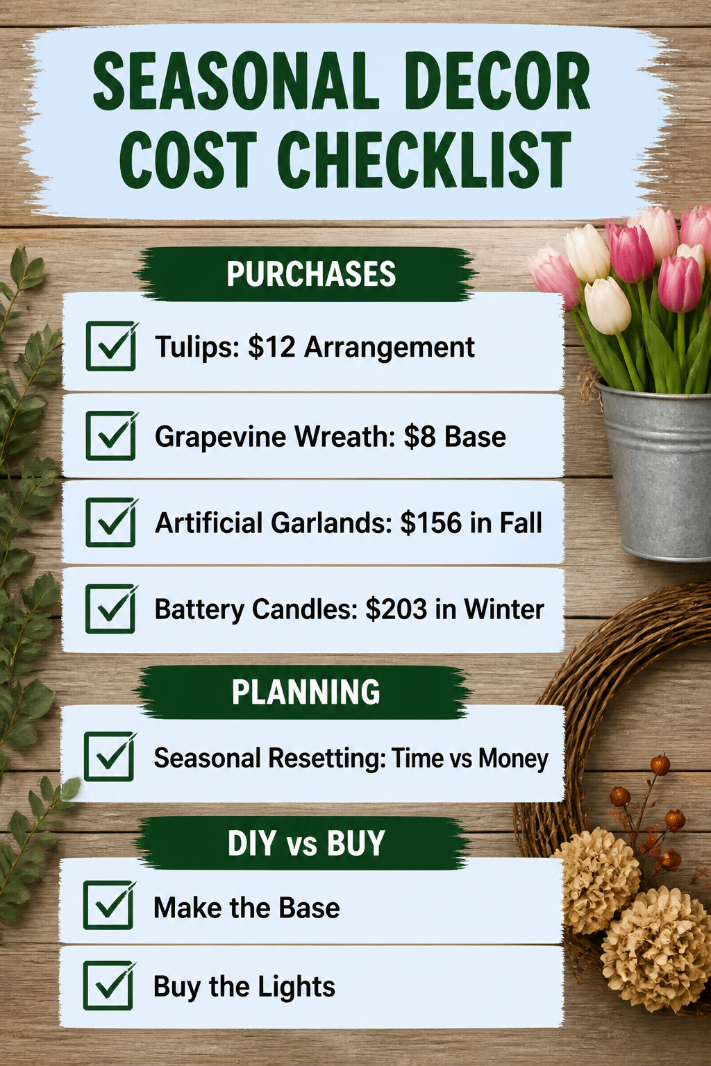 A checklist detailing costs for seasonal porch decor.