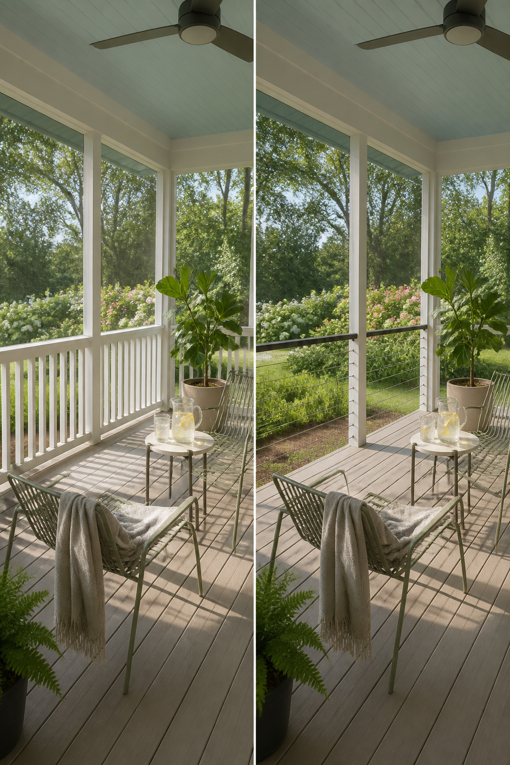 A porch with cable railings and minimal furniture.