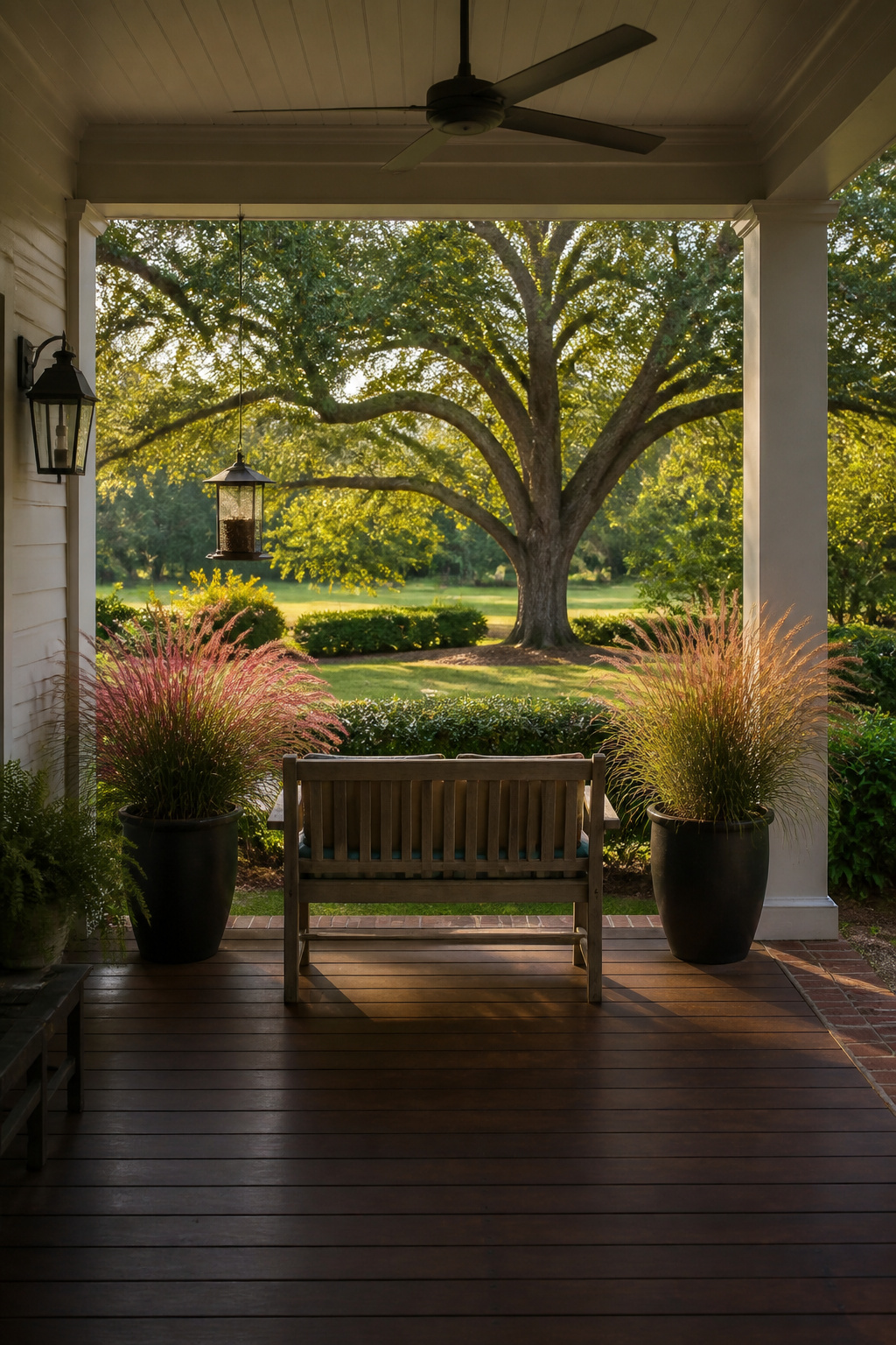 A bench and ornamental grass on a porch.