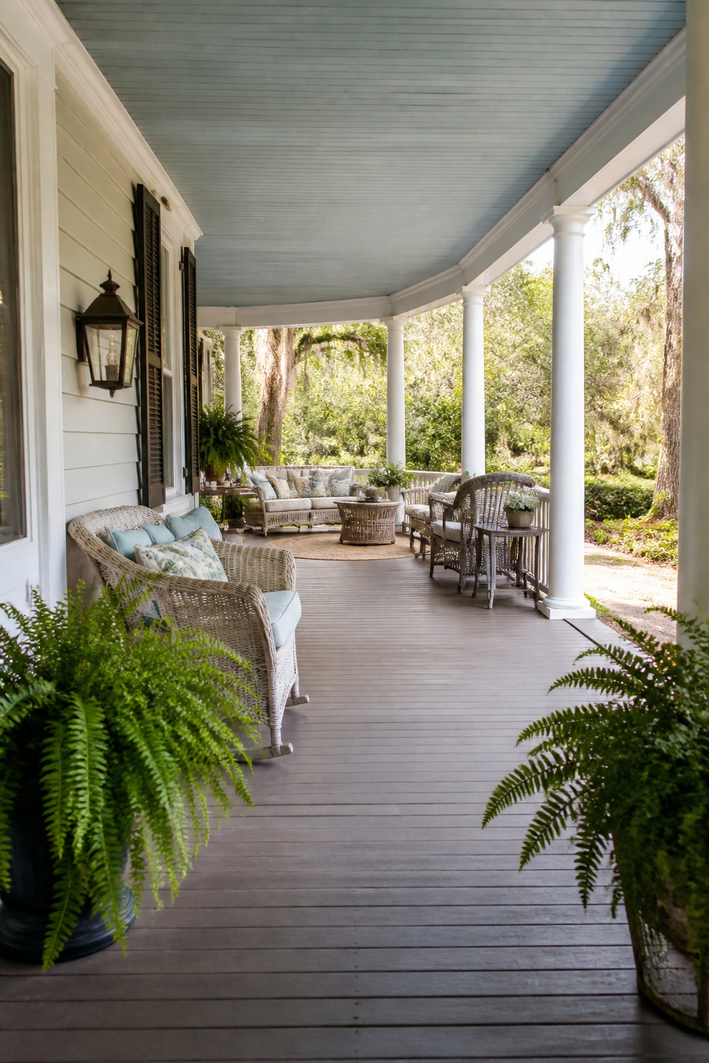 A wraparound porch with wicker furniture and a textured ceiling.