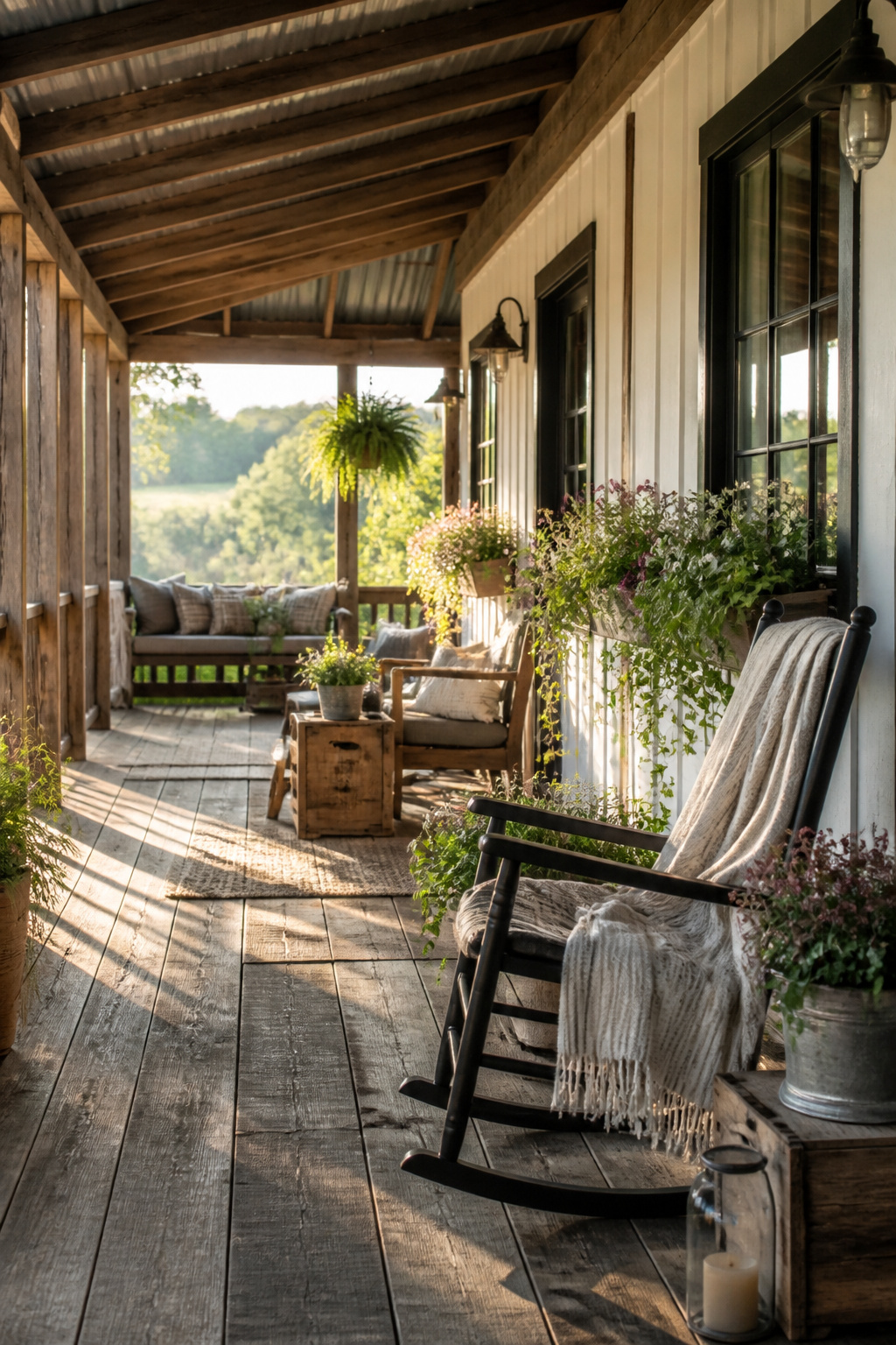 A rustic farmhouse porch with reclaimed wood beams.