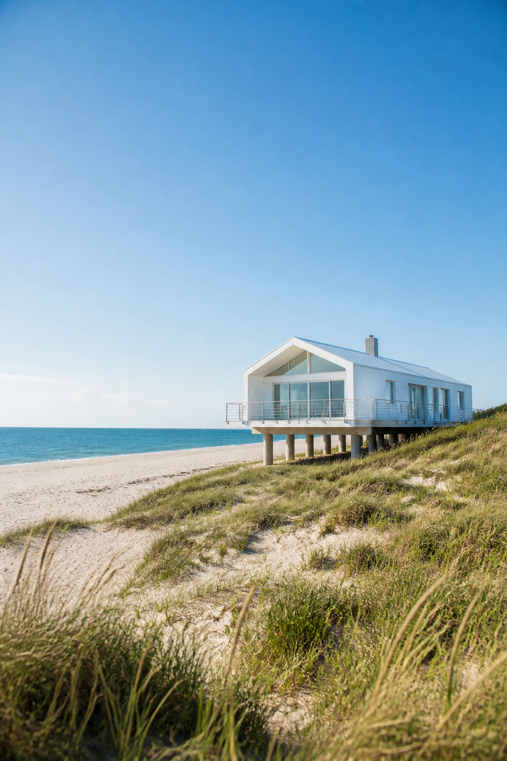 Beach house on pilings, designed to withstand coastal conditions.
