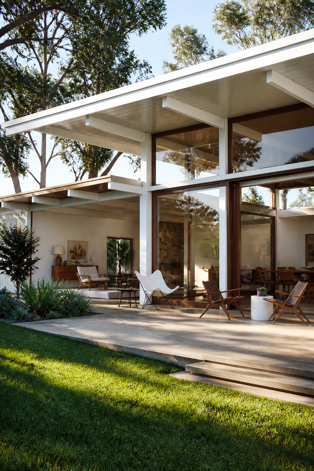 Mid-century modern house with white exterior and teak framing.