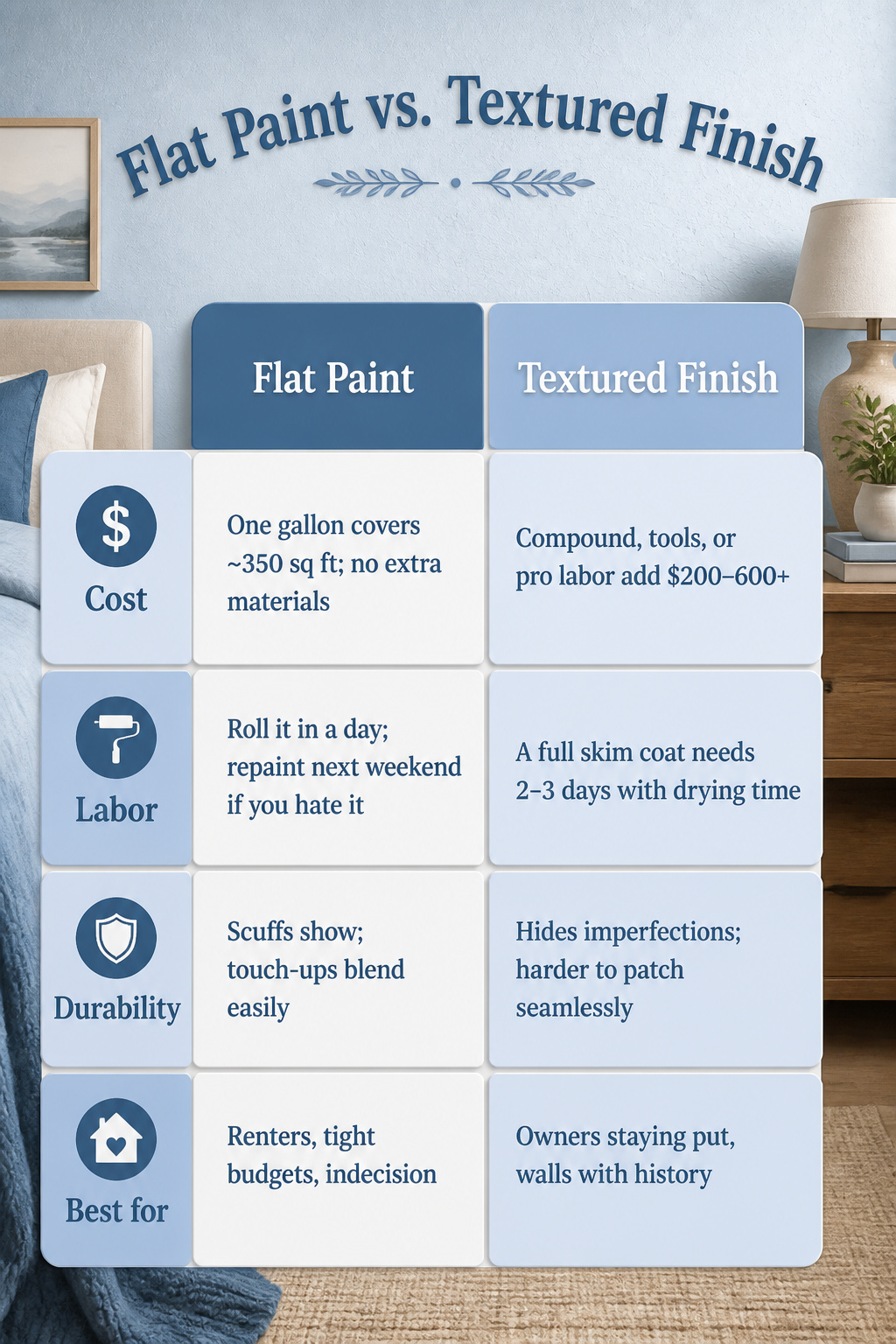 An information image comparing flat paint and textured finishes.