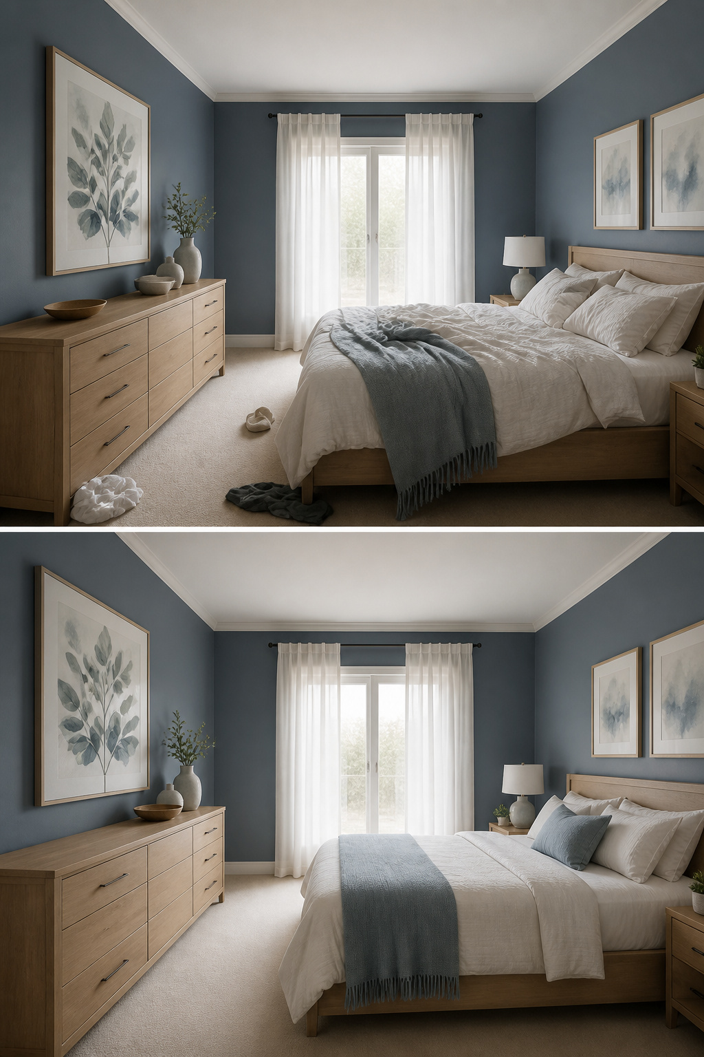 A serene blue bedroom with neutral furniture and accents.