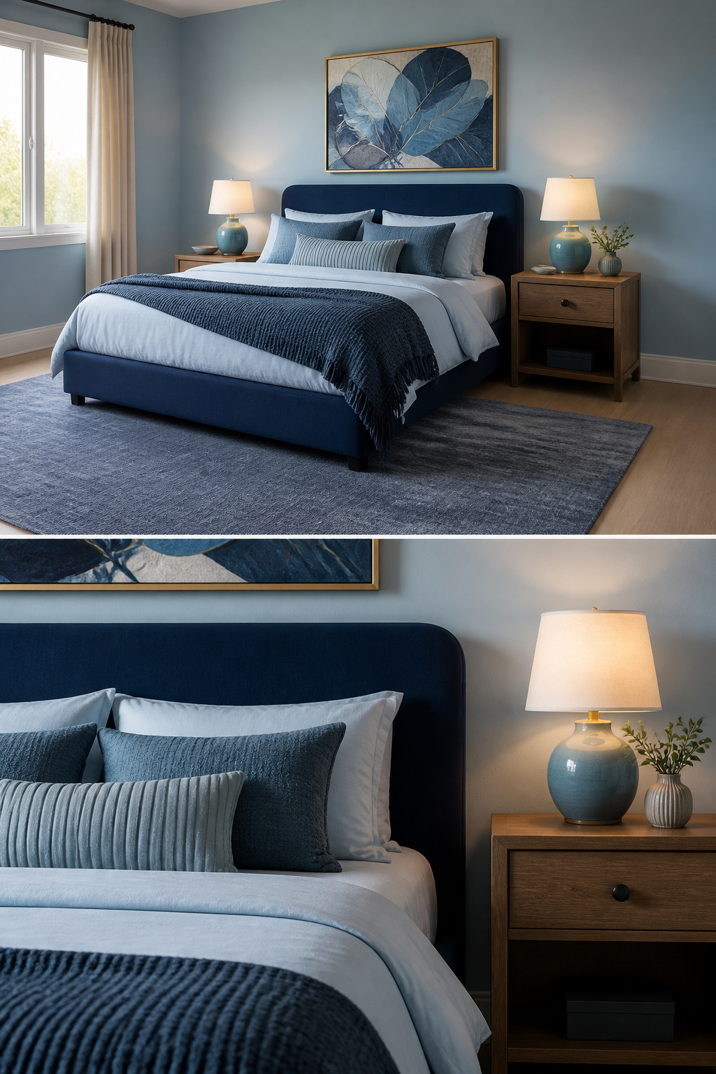 A serene bedroom showcasing three distinct shades of blue.