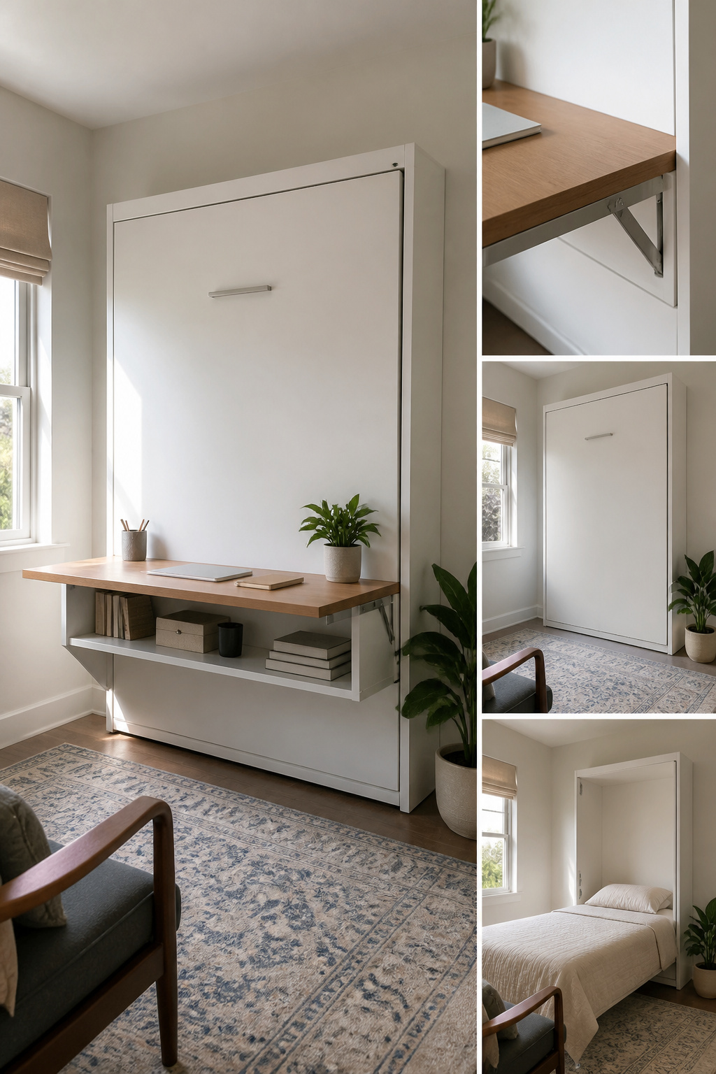 A queen-size wall bed with a fold-down desk and shelving.